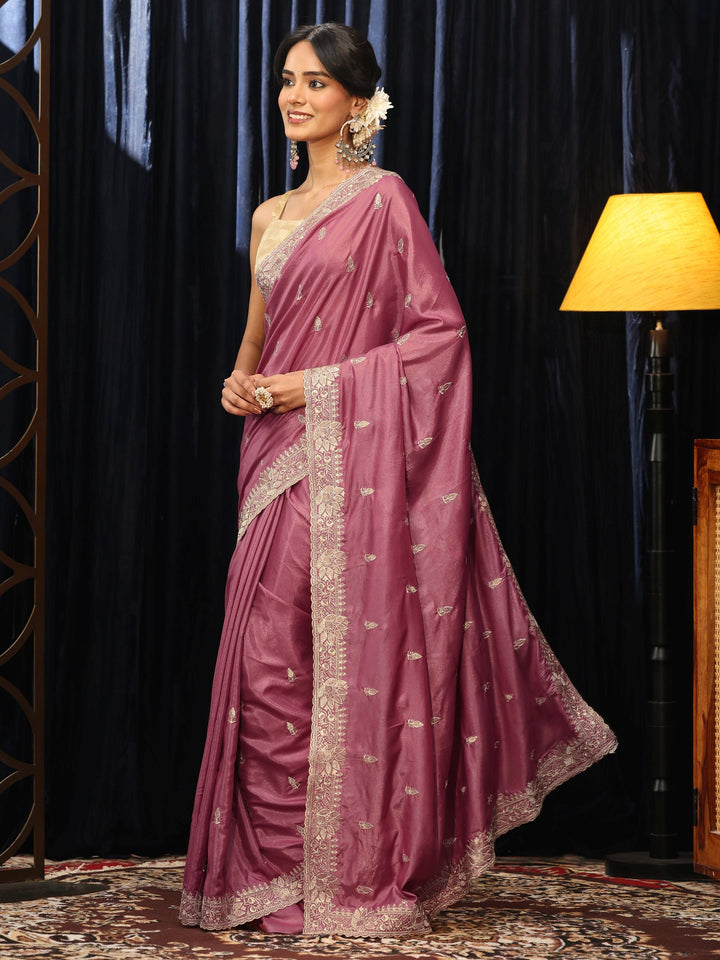 Libas Mauve Floral Embroidered Silk Blend Saree