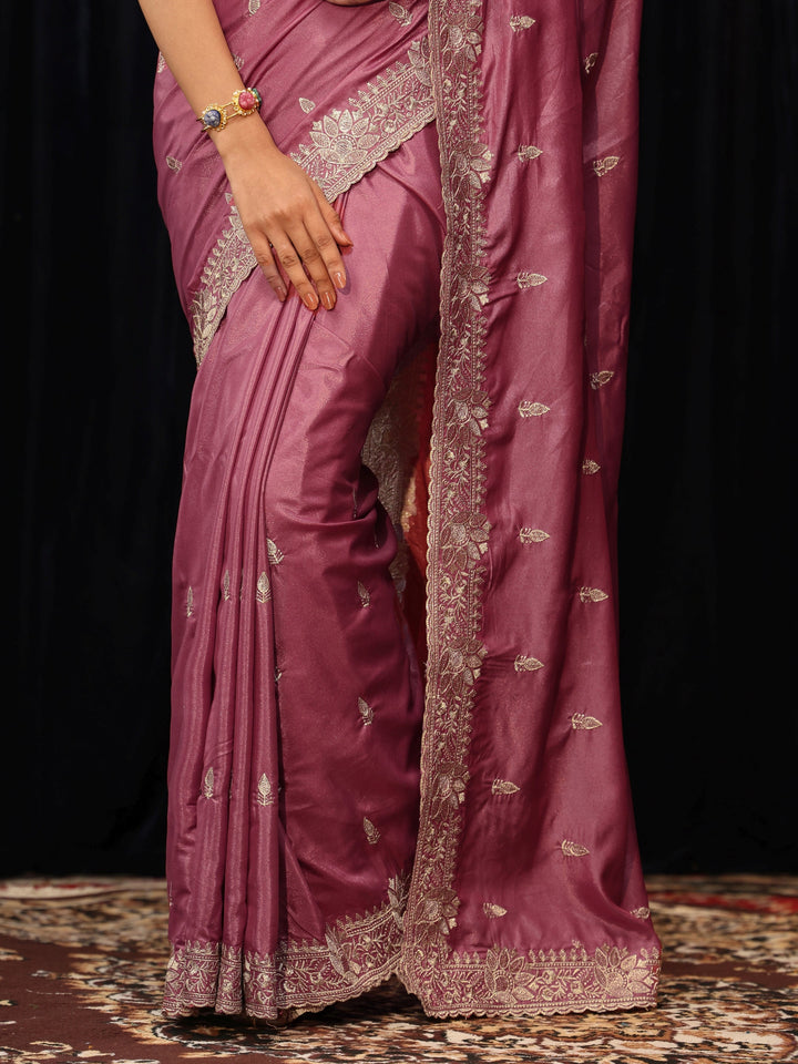 Libas Mauve Floral Embroidered Silk Blend Saree
