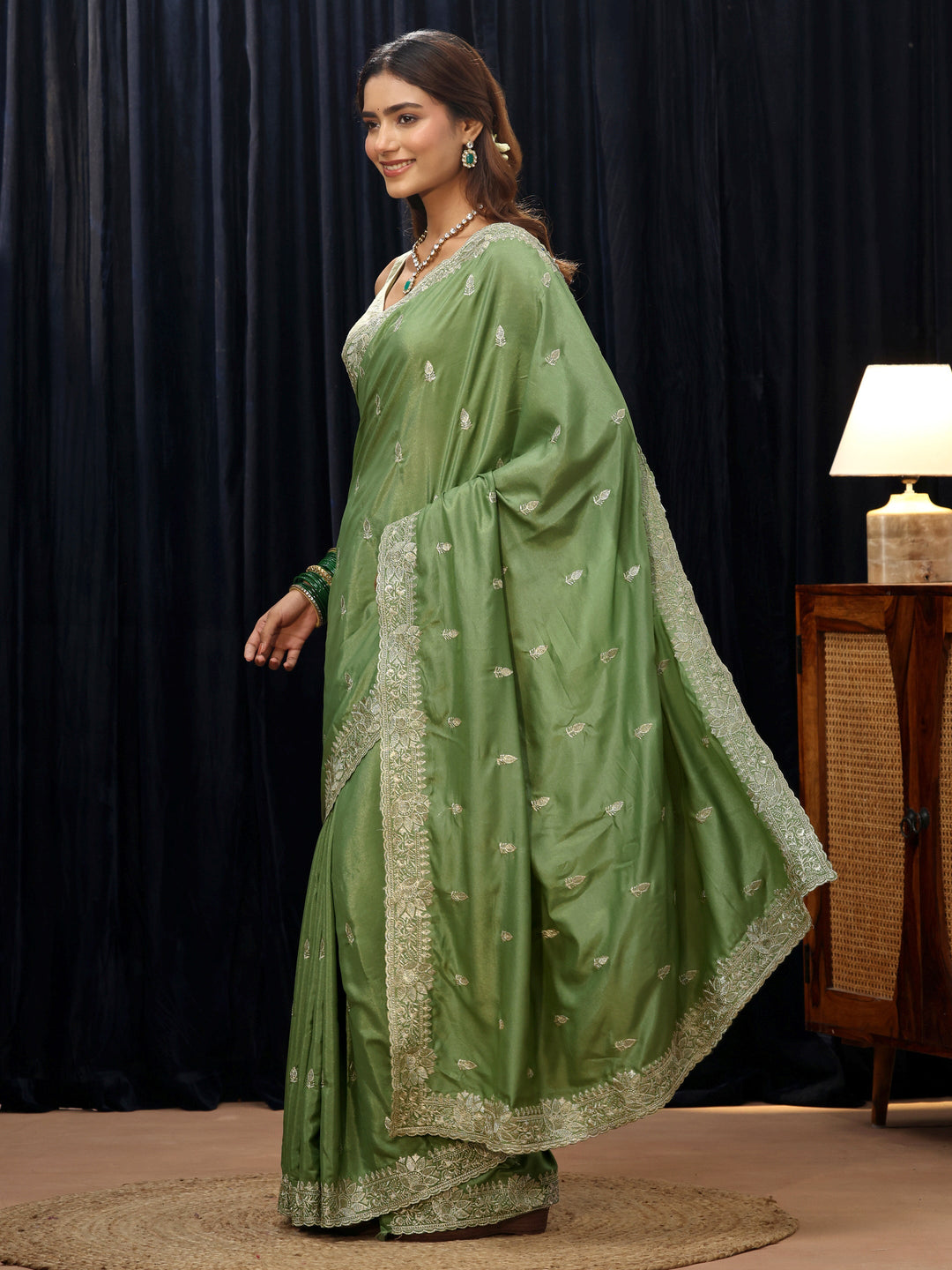 Libas Sage Green Floral Embroidered Silk Blend Saree