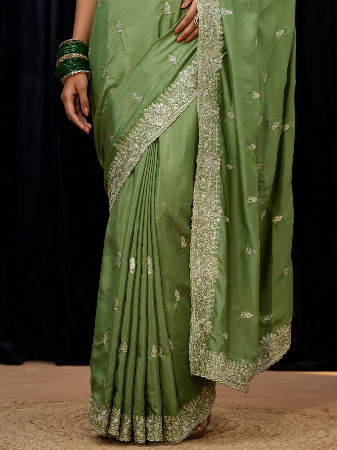Libas Sage Green Floral Embroidered Silk Blend Saree
