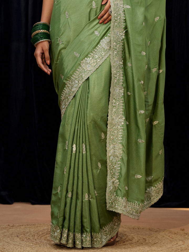 Libas Sage Green Floral Embroidered Silk Blend Saree