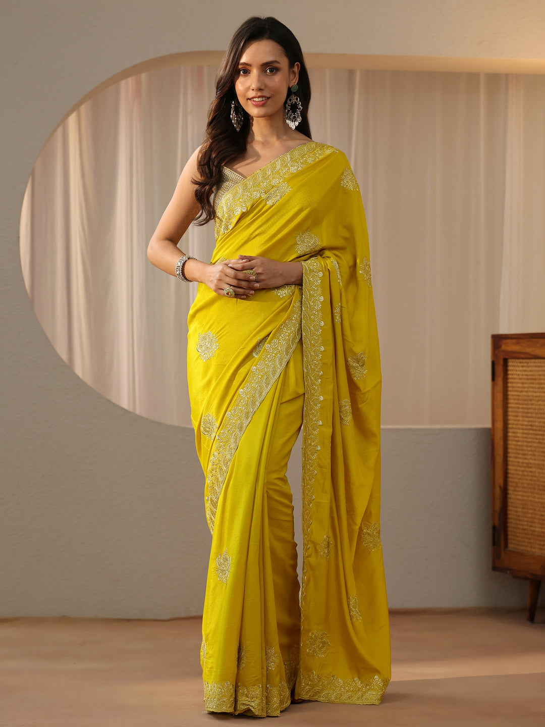 Libas Yellow Floral Embellished Silk Blend Saree