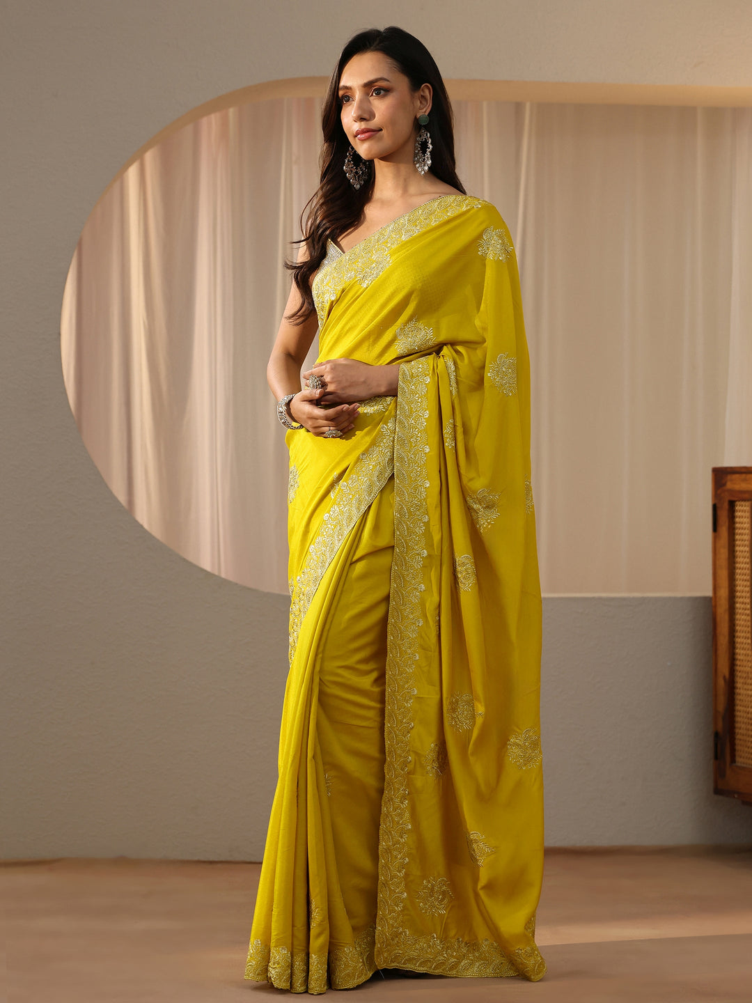 Libas Yellow Floral Embellished Silk Blend Saree