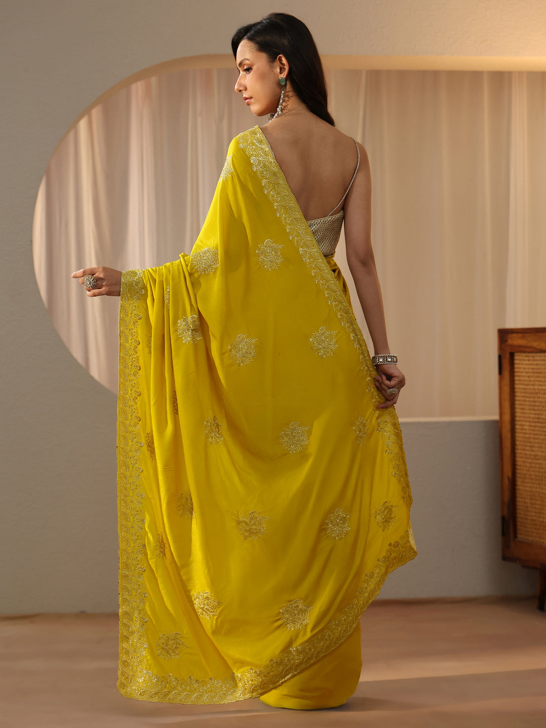Libas Yellow Floral Embellished Silk Blend Saree