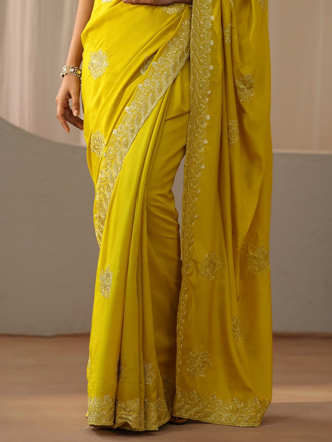 Libas Yellow Floral Embellished Silk Blend Saree