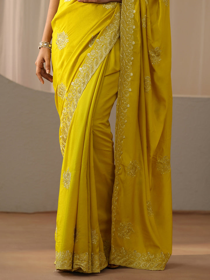 Libas Yellow Floral Embellished Silk Blend Saree