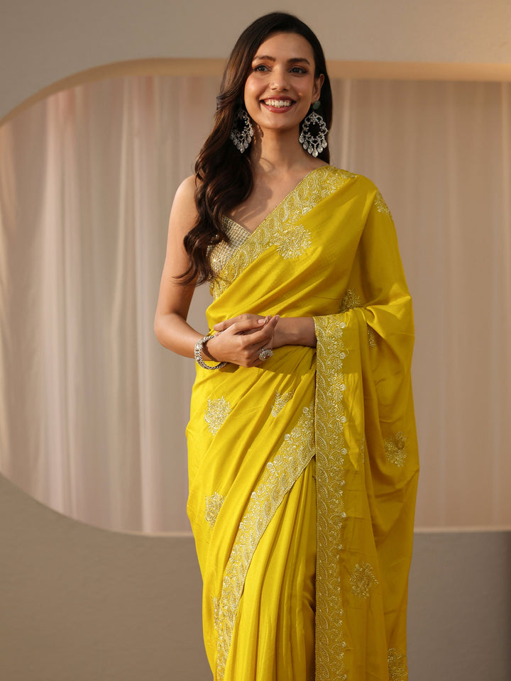 Libas Yellow Floral Embellished Silk Blend Saree