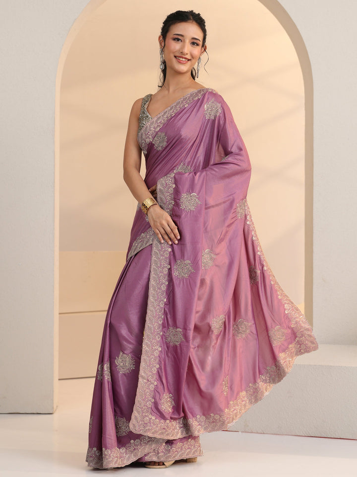 Libas Dusty Purple Floral Embroidered Silk Blend Saree
