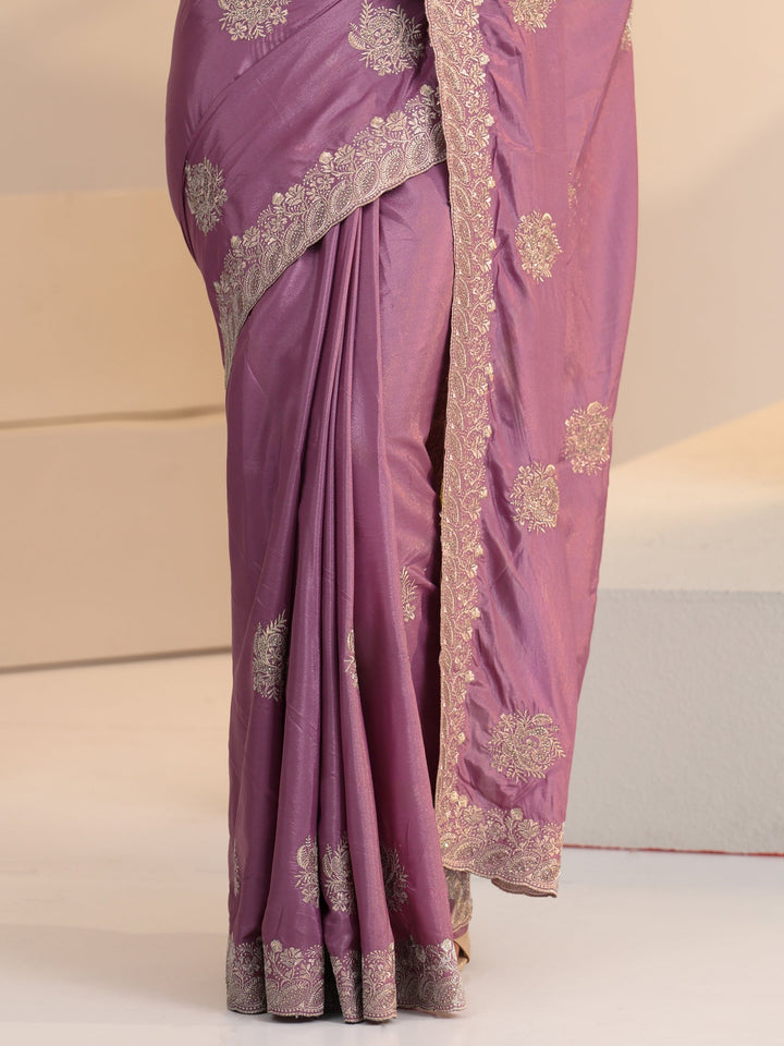Libas Dusty Purple Floral Embroidered Silk Blend Saree