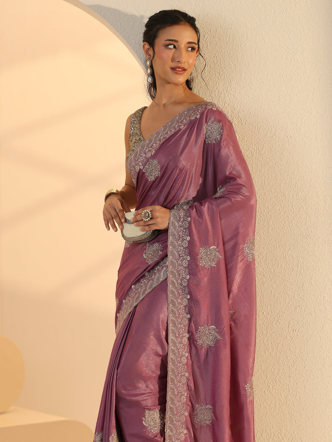 Libas Dusty Purple Floral Embroidered Silk Blend Saree