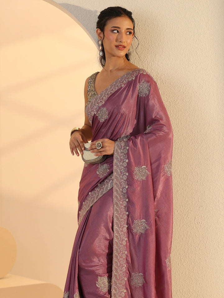 Libas Dusty Purple Floral Embroidered Silk Blend Saree