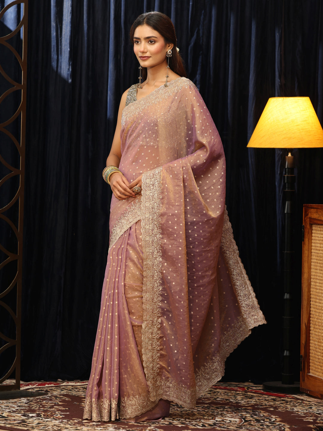 Libas Dusty Purple Mirror Work Silk Blend Saree