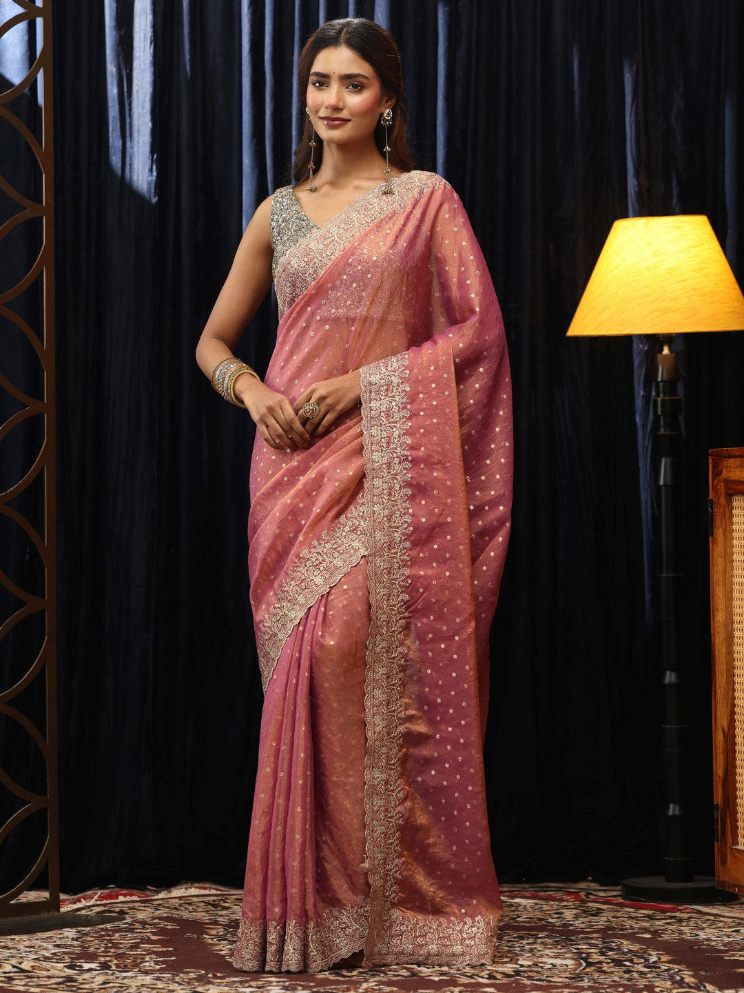 Libas Peach Pink Mirror Work Silk Blend Saree