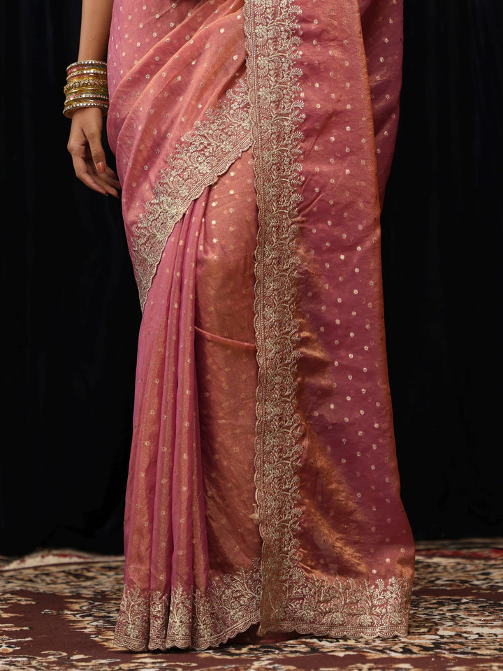 Libas Peach Pink Mirror Work Silk Blend Saree