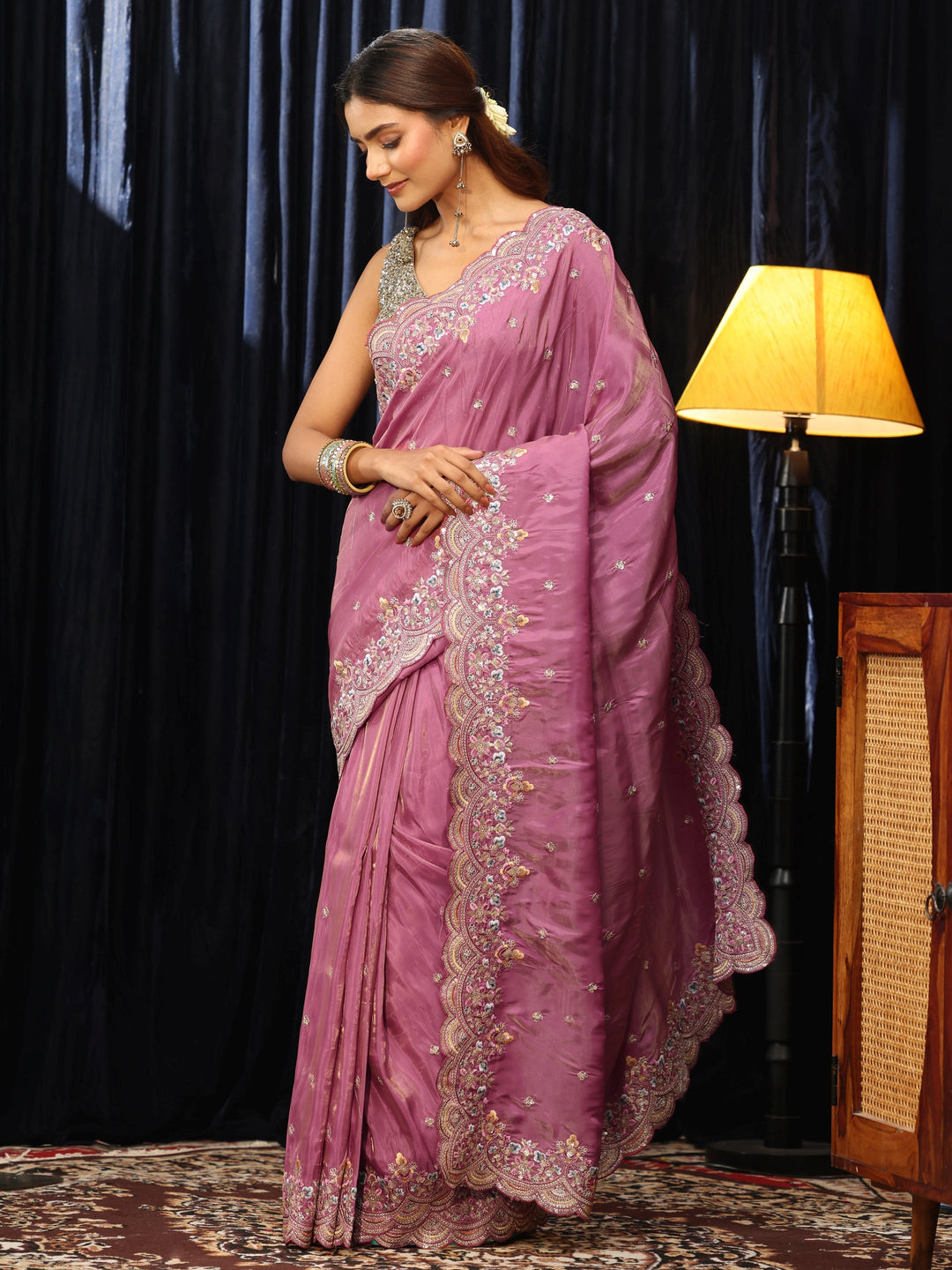 Libas Dusty Rose Pink Silk Blend Saree with Floral Border