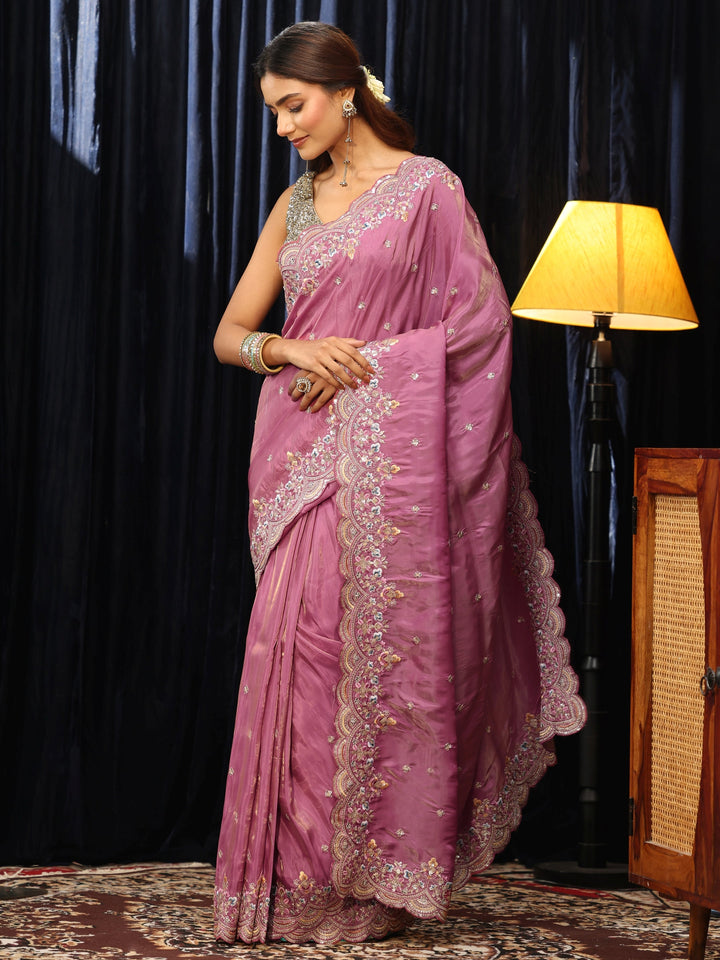 Libas Dusty Rose Pink Silk Blend Saree with Floral Border