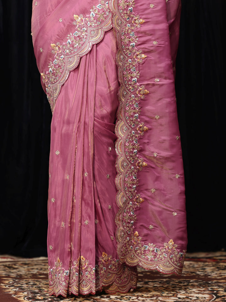 Libas Dusty Rose Pink Silk Blend Saree with Floral Border