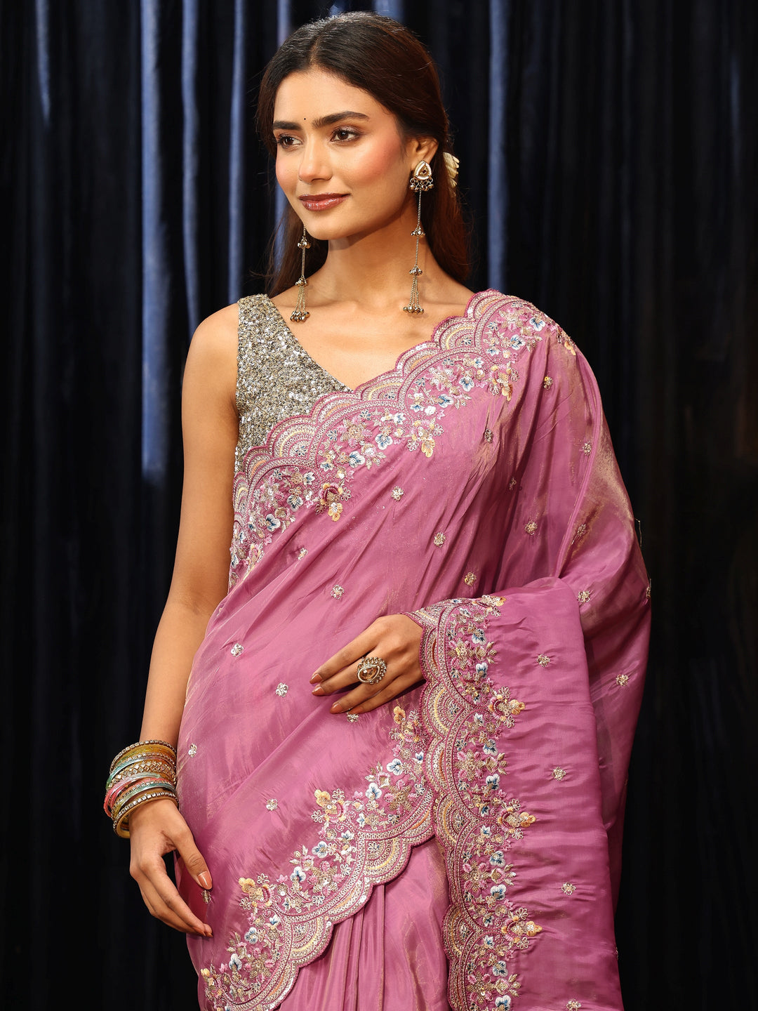 Libas Dusty Rose Pink Silk Blend Saree with Floral Border