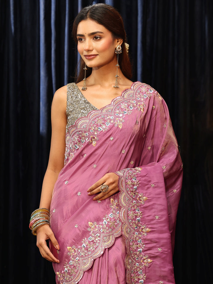 Libas Dusty Rose Pink Silk Blend Saree with Floral Border