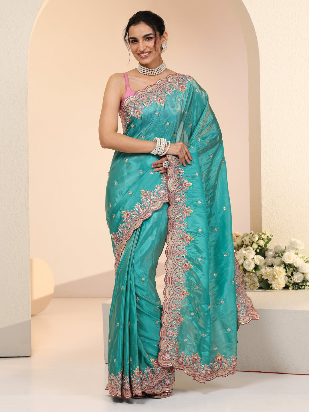 Libas Sea Green Embellished Silk Blend Saree