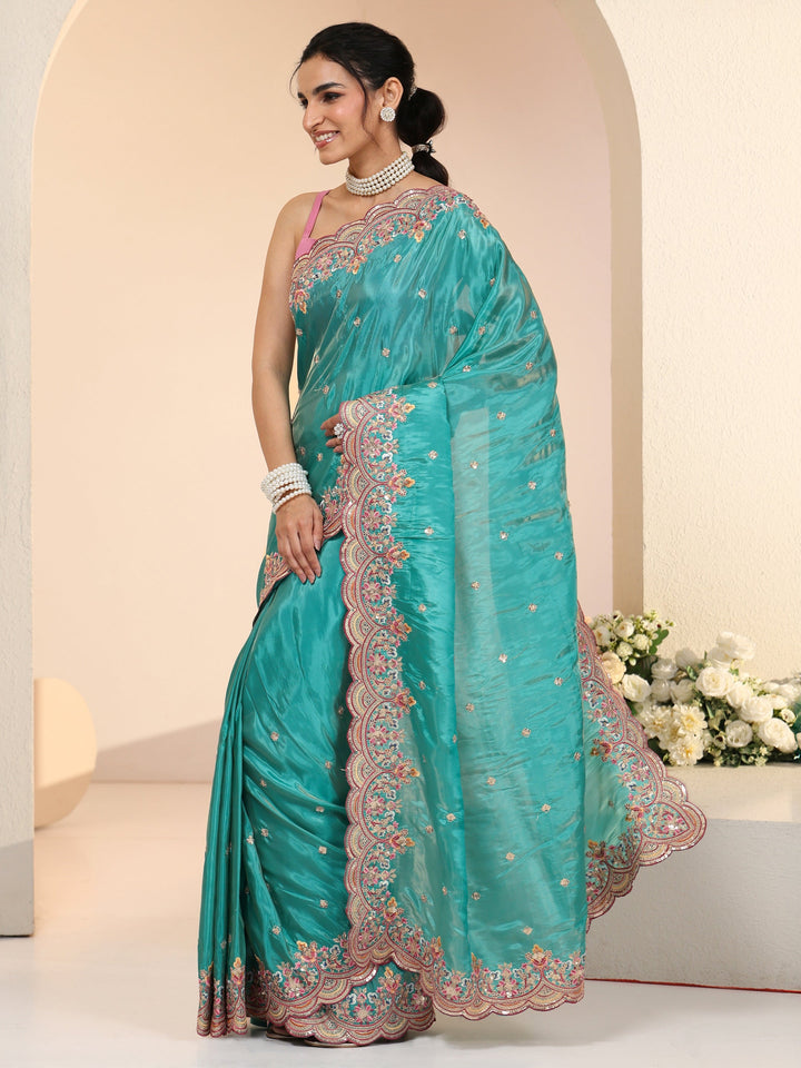 Libas Sea Green Embellished Silk Blend Saree