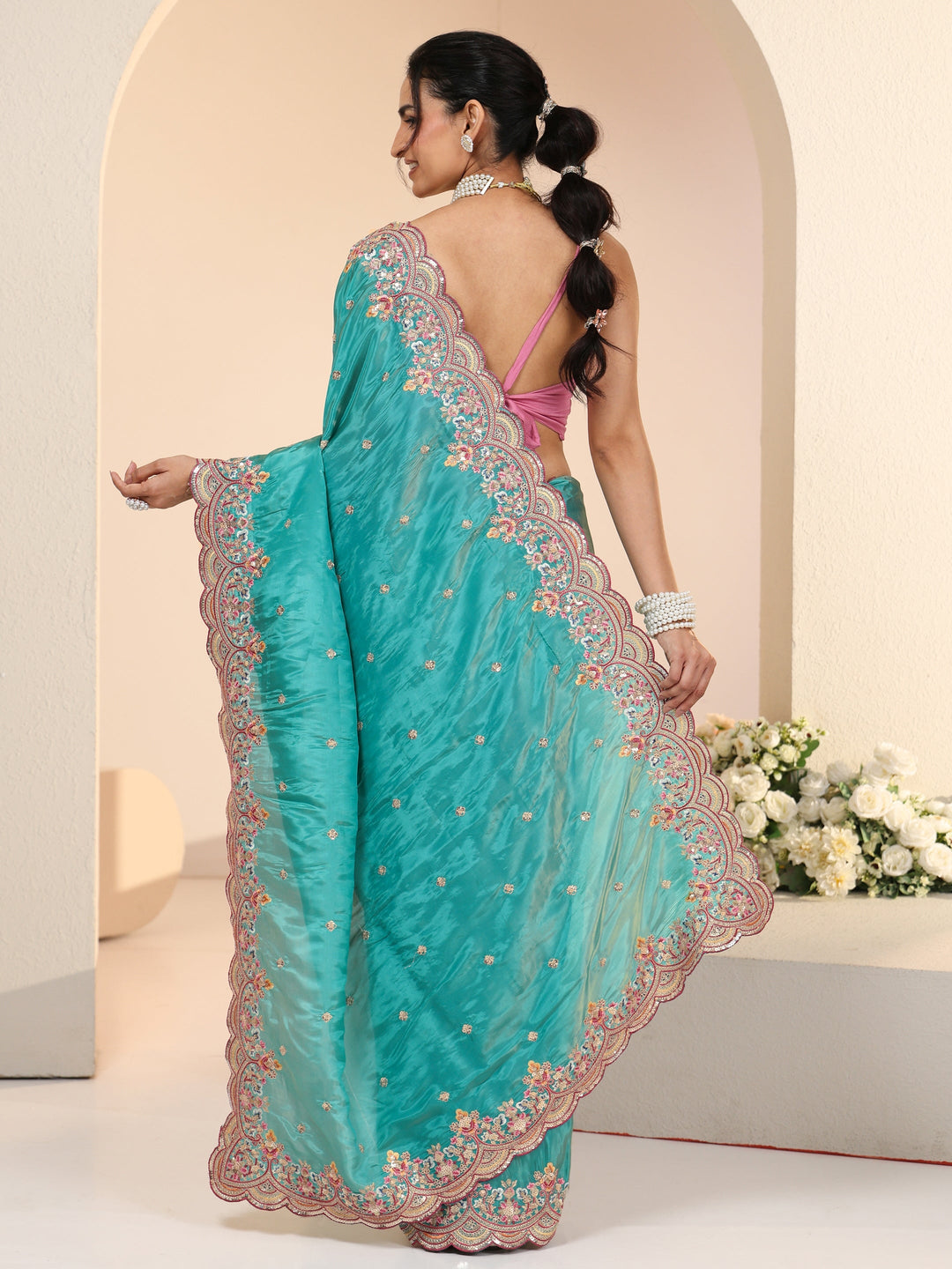 Libas Sea Green Embellished Silk Blend Saree
