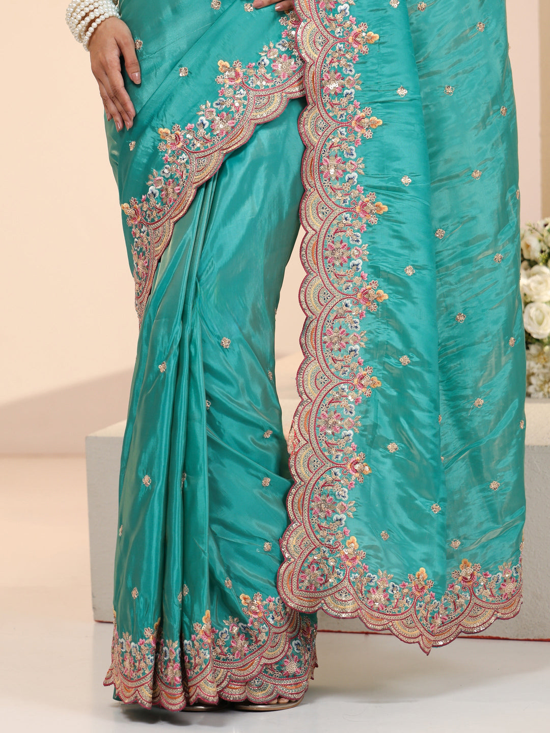Libas Sea Green Embellished Silk Blend Saree