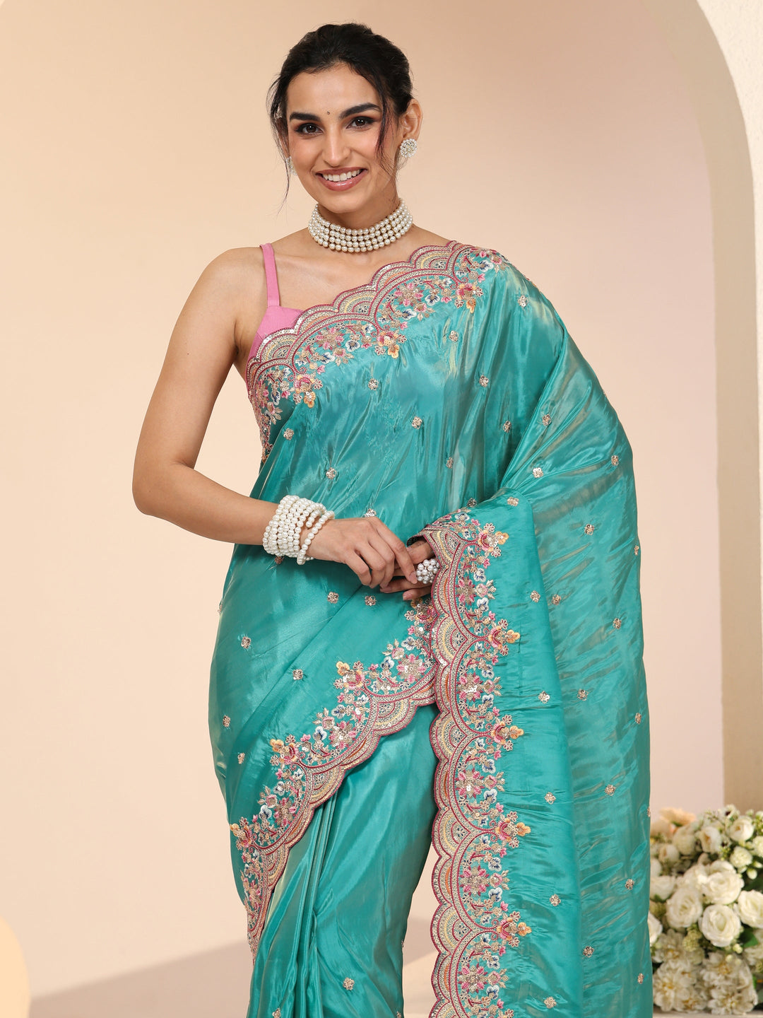 Libas Sea Green Embellished Silk Blend Saree
