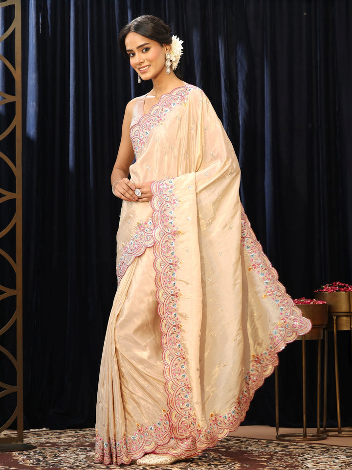 Libas Cream Embroidered Floral Border Silk Blend Saree
