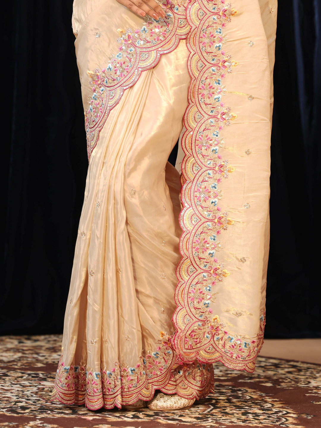 Libas Cream Embroidered Floral Border Silk Blend Saree
