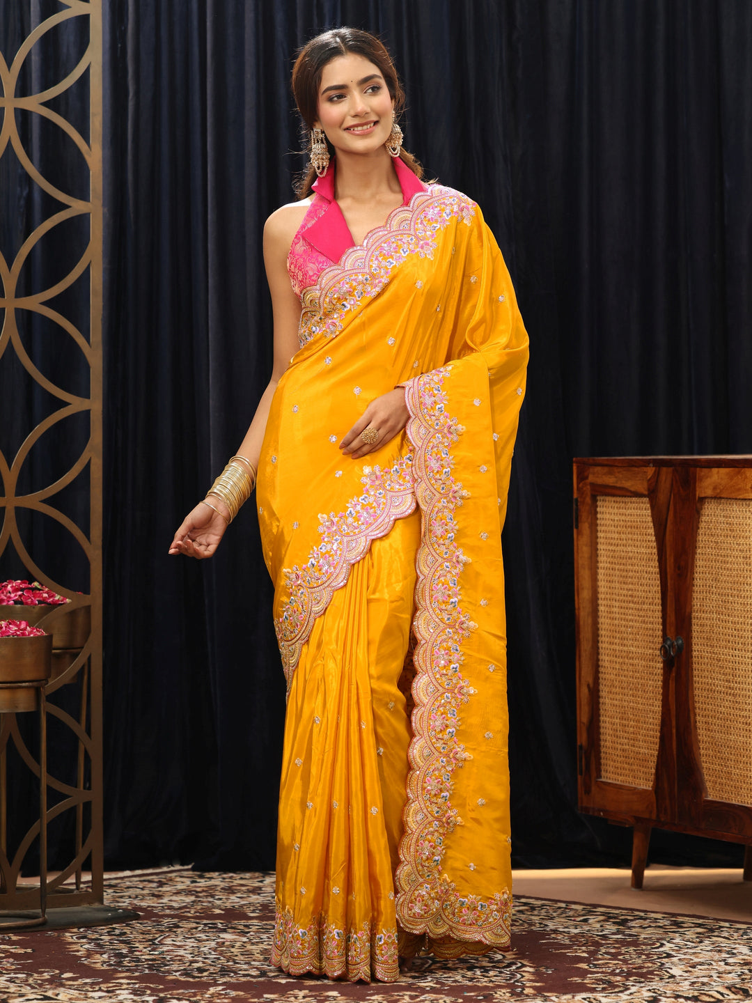 Libas Mustard Embroidered Floral Border Silk Blend Saree