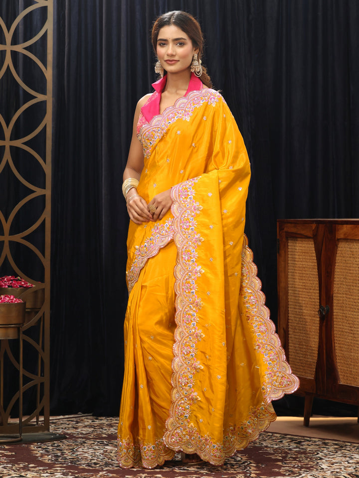 Libas Mustard Embroidered Floral Border Silk Blend Saree