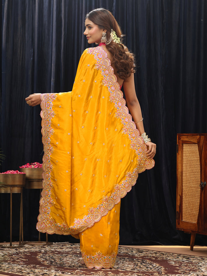 Libas Mustard Embroidered Floral Border Silk Blend Saree