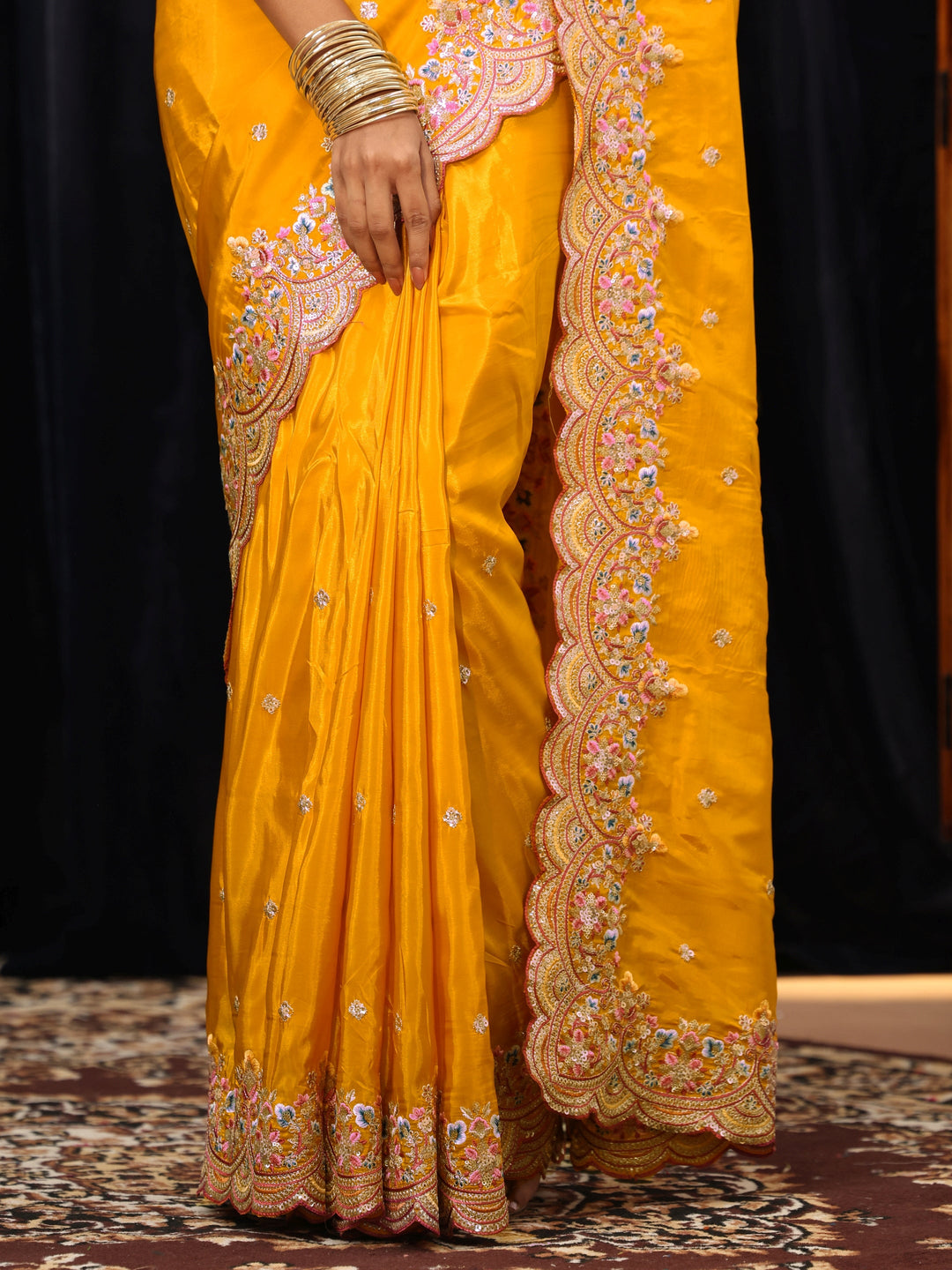 Libas Mustard Embroidered Floral Border Silk Blend Saree