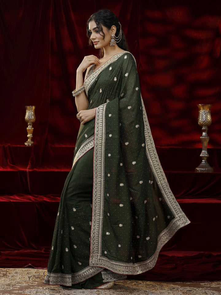 Libas Green Floral Embroidered Silk Blend Saree