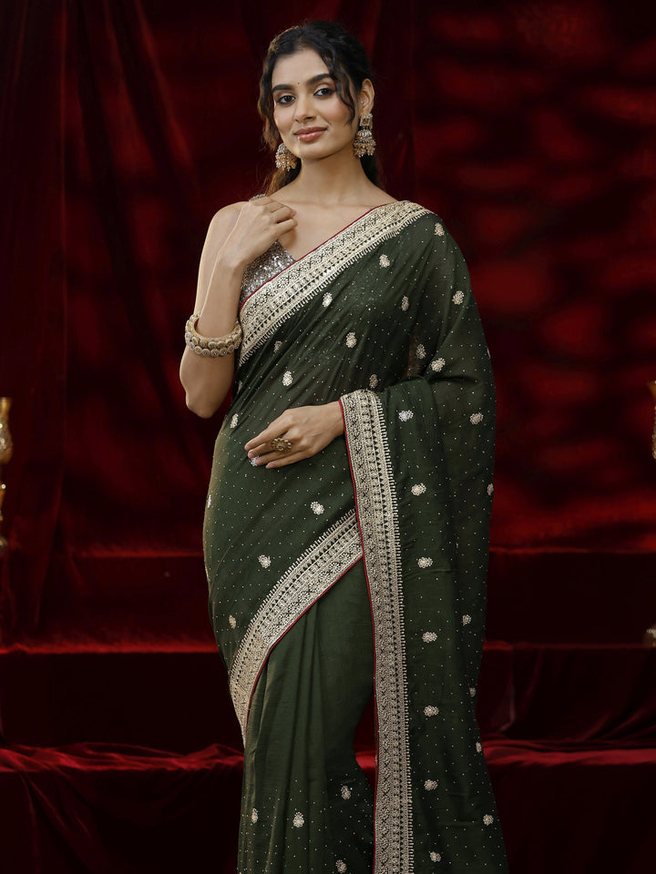 Libas Green Floral Embroidered Silk Blend Saree