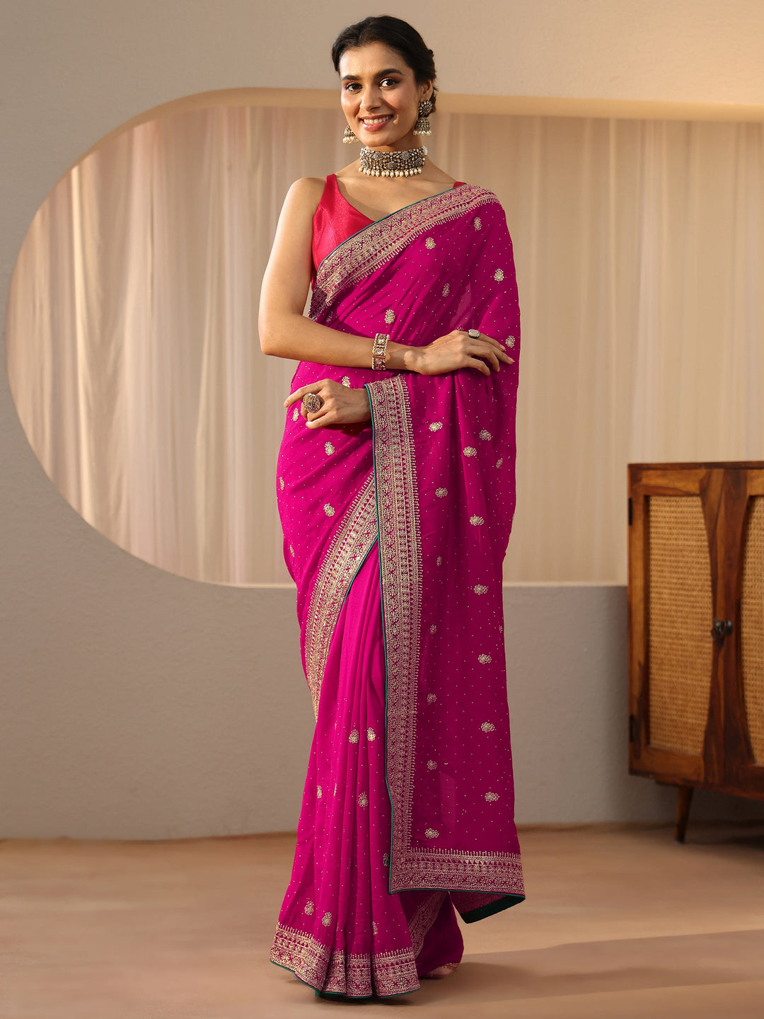 Libas Rose Pink Floral Embellished Silk Blend Saree