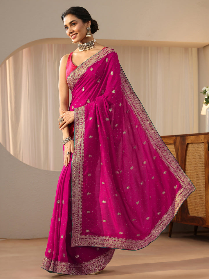 Libas Rose Pink Floral Embellished Silk Blend Saree