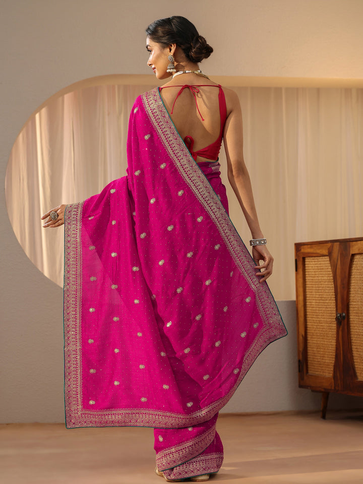 Libas Rose Pink Floral Embellished Silk Blend Saree