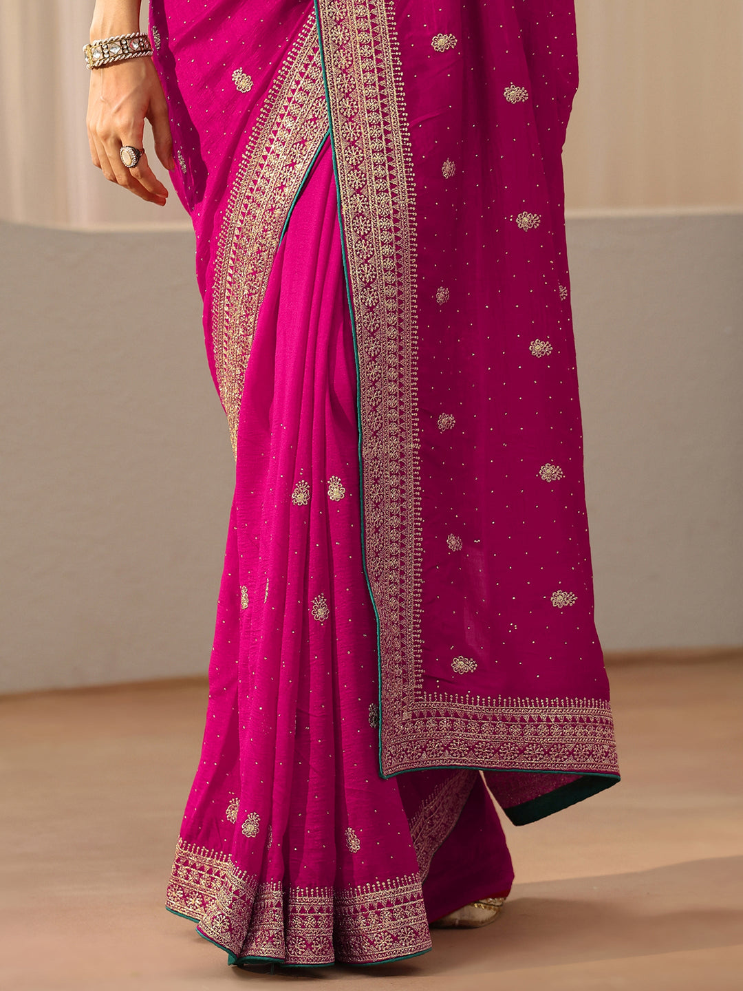 Libas Rose Pink Floral Embellished Silk Blend Saree