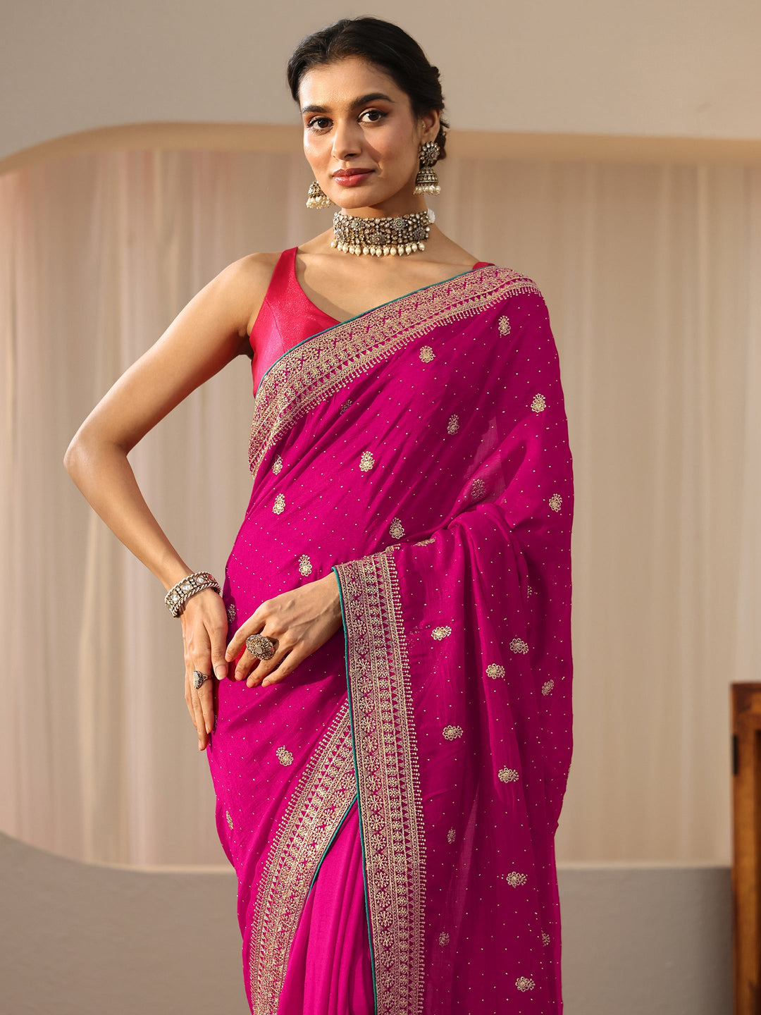 Libas Rose Pink Floral Embellished Silk Blend Saree