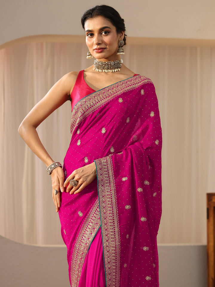 Libas Rose Pink Floral Embellished Silk Blend Saree