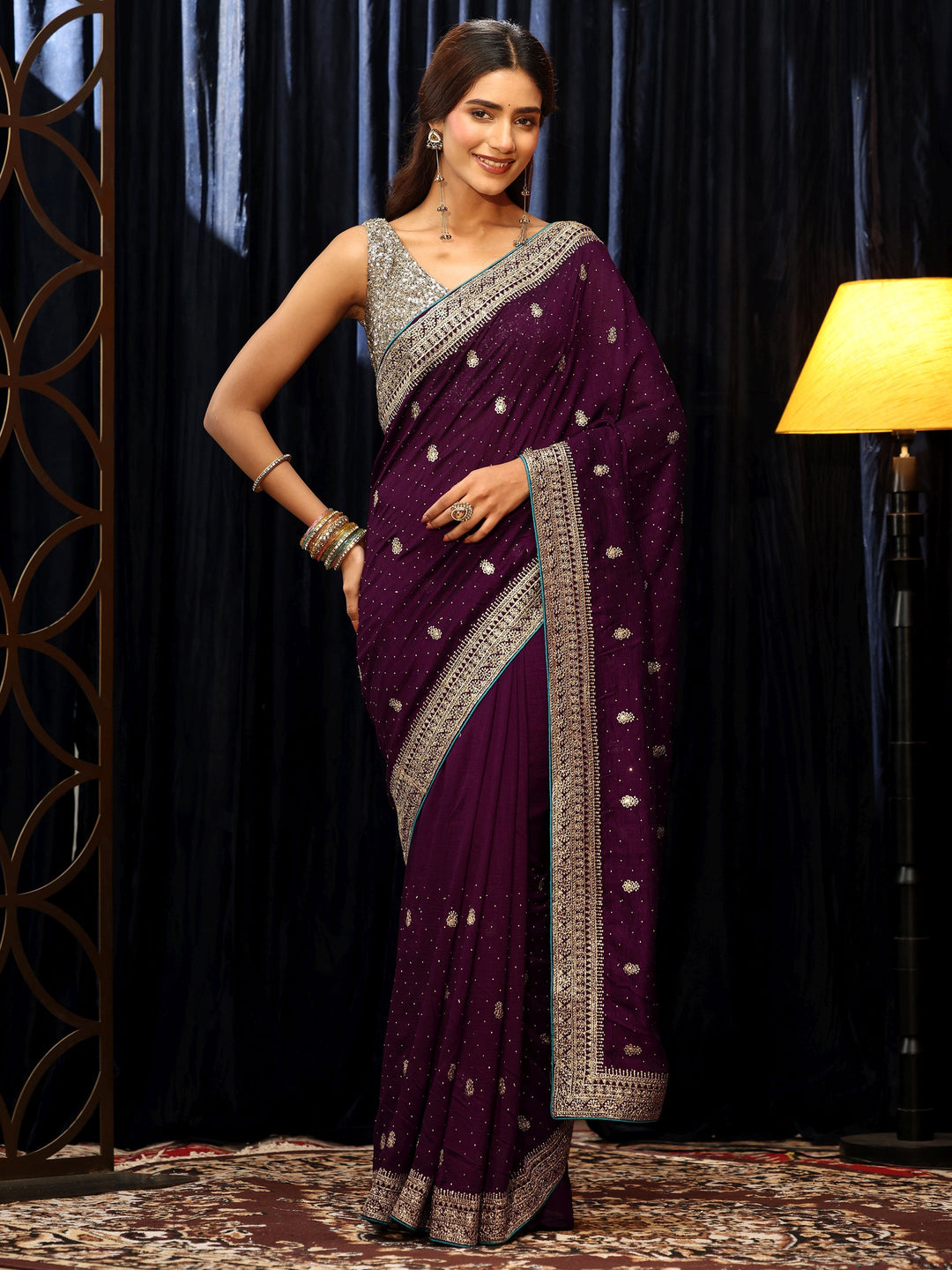 Libas Burgundy Floral Embellished Silk Blend Saree