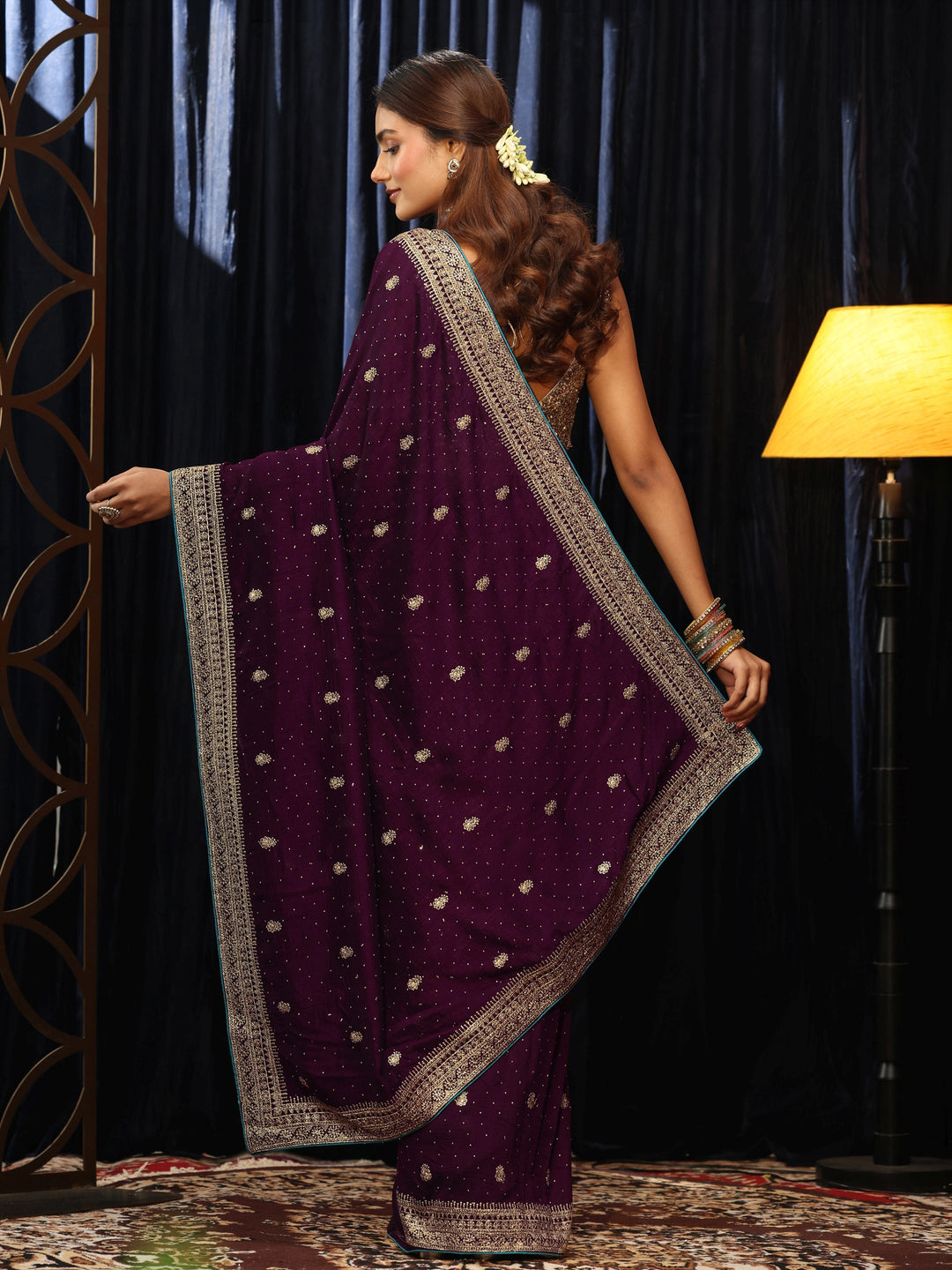 Libas Burgundy Floral Embellished Silk Blend Saree