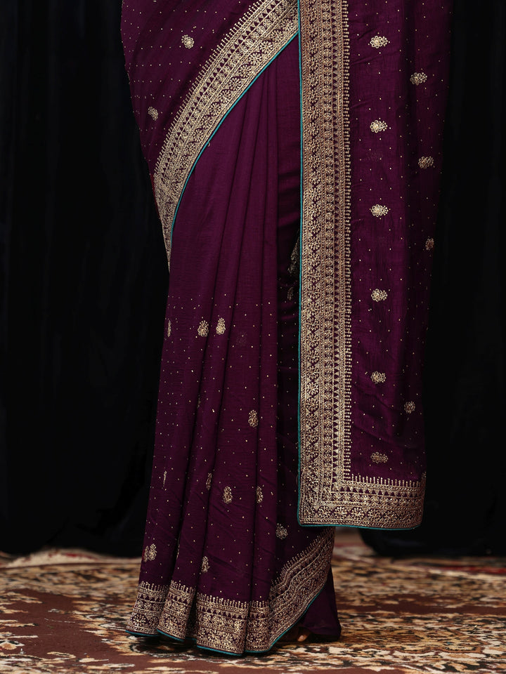 Libas Burgundy Floral Embellished Silk Blend Saree