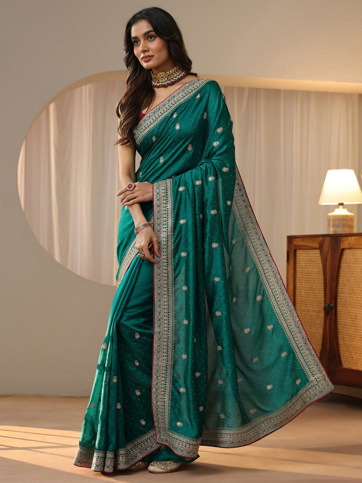 Libas Teal Green Embellished Silk Blend Saree