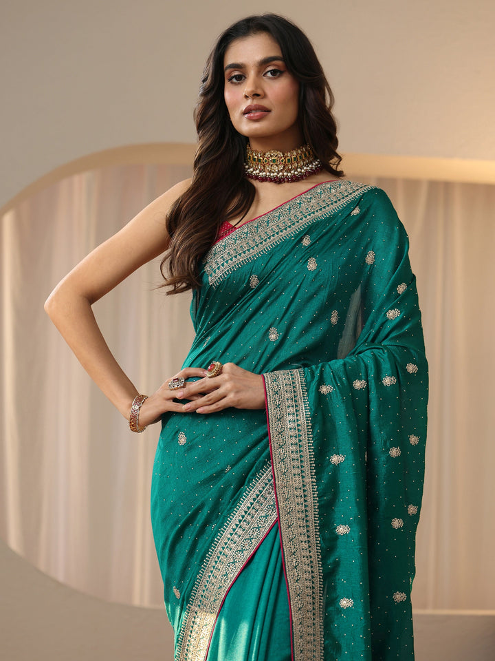 Libas Teal Green Embellished Silk Blend Saree