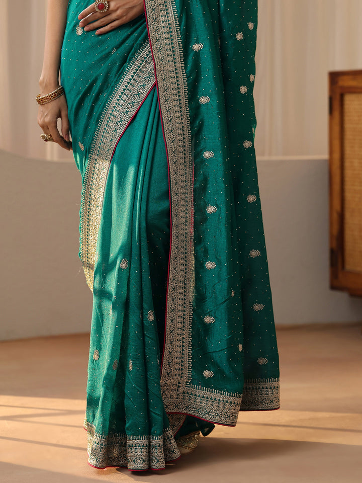 Libas Teal Green Embellished Silk Blend Saree