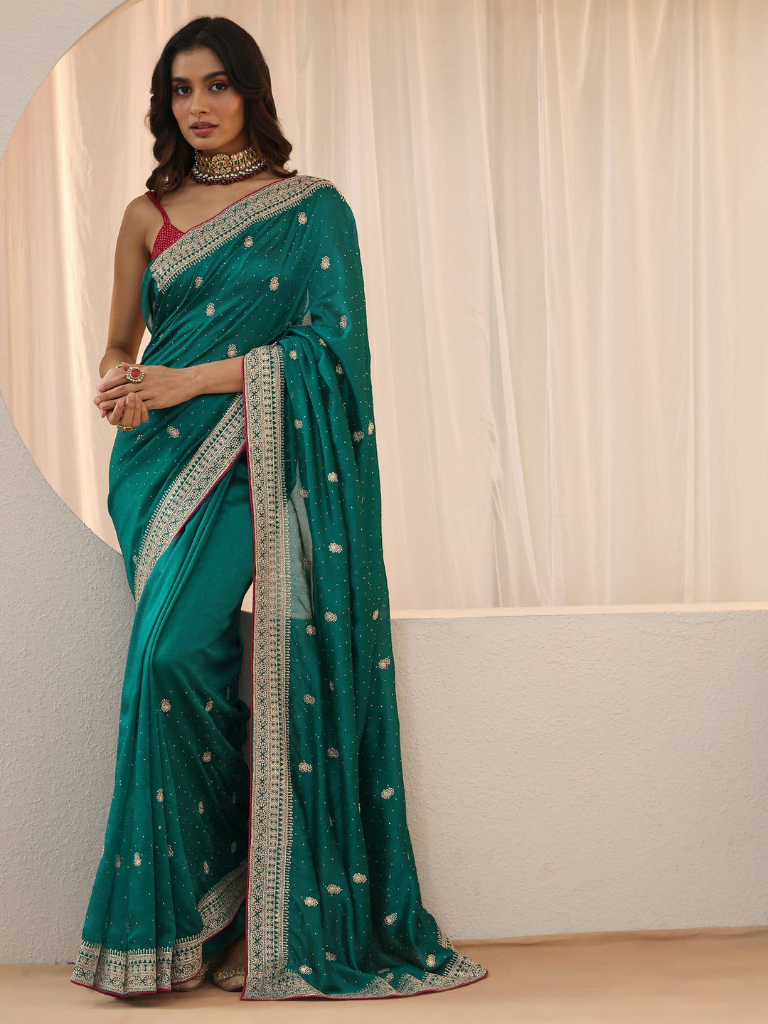 Libas Teal Green Embellished Silk Blend Saree
