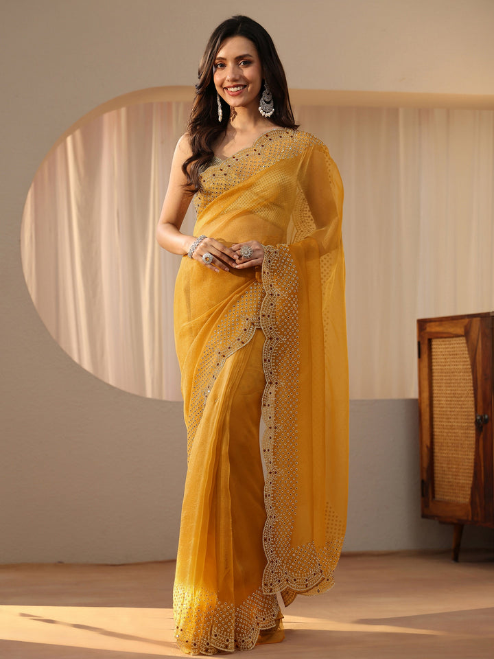 Libas Mustard Bead Work Tissue Saree